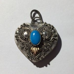 Sterling Silver Signed 925 Heart Poison Pendant Faux Turquoise Secret Locket EUC